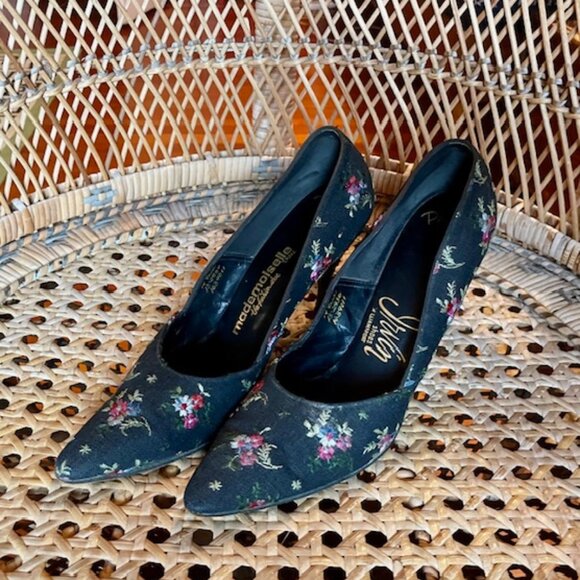 Black FLORAL 1960s PURSE and KITTEN HEELS 7N - Picture 8 of 10